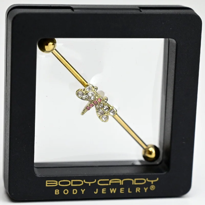 Women's Earrings – Elegant Designs for Every Personality--14 Gauge Pink Clear Gem Gold Tone Dragonfly Industrial Barbell 38mm