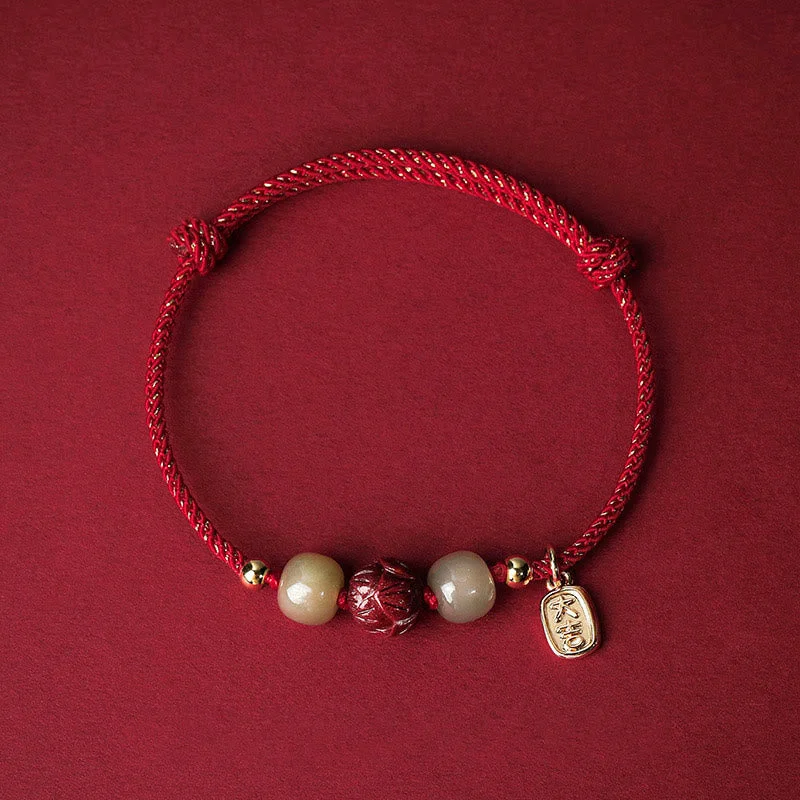 Men's Casual Bracelets with Simple Leather Design-Buddha Stones 14K Gold Plated Hetian Jade Cinnabar Lotus Luck Handcrafted Rope Bracelet Men's Casual Bracelets with Simple Leather Design-Buddha Stones 14K Gold Plated Hetian Jade Cinnabar Lotus Luck Handcrafted Rope Bracelet