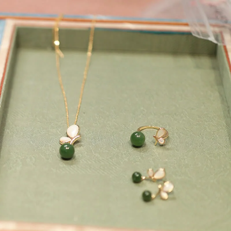 Women's Earrings – Elegant Designs for Every Personality--Buddha Stones Natural Butterfly Tridacna Stone Cyan Jade Copper Plated Gold Calm Necklace Pendant Ring Earrings Set