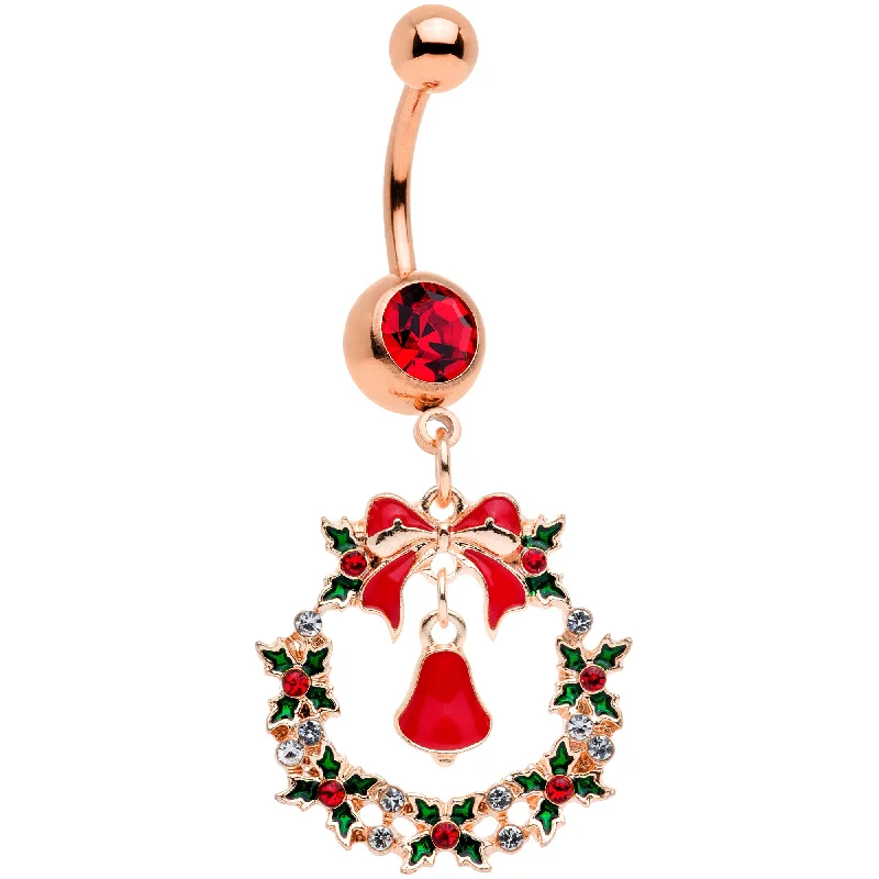 Belly Rings with Shiny Stones for Extra Glam -Red Gem Rose Gold Tone Holiday Wreath Christmas Dangle Belly Ring Belly Rings with Shiny Stones for Extra Glam -Red Gem Rose Gold Tone Holiday Wreath Christmas Dangle Belly Ring