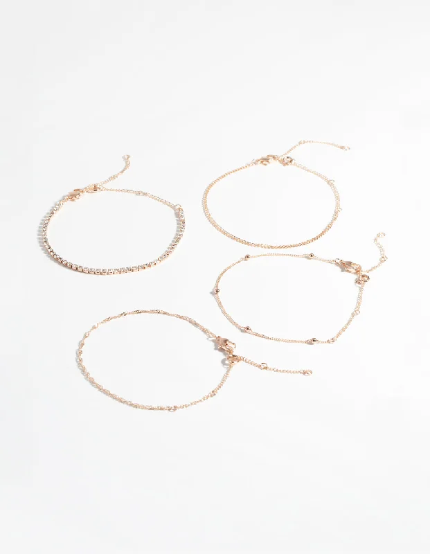 Vibrant Anklets with Shiny Accents-Rose Gold Diamante Twist Bracelet & Anklet 4-Pack Set Vibrant Anklets with Shiny Accents-Rose Gold Diamante Twist Bracelet & Anklet 4-Pack Set