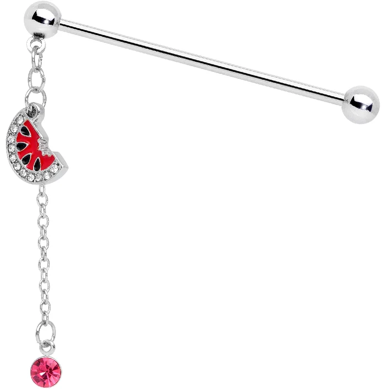 Women's Earrings – Elegant Designs for Every Personality--14 Gauge Clear Pink Gem Watermelon Chain Dangle Industrial Barbell 38mm