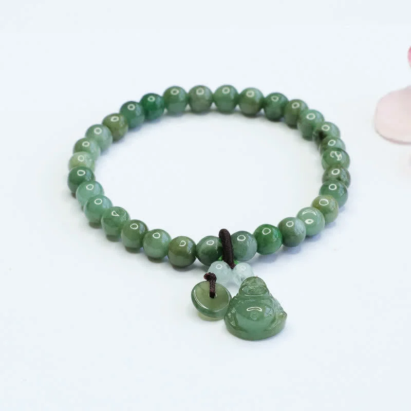 Large Beaded Bangles for Women-Buddha Stones Laughing Buddha Cyan Jade Healing Bracelet