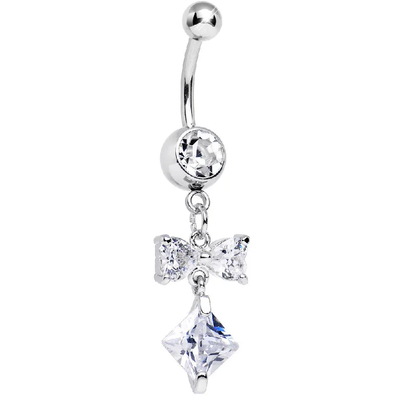 Stylish Belly Rings for Fashionistas -Clear Cubic Zirconia Bow Tie Square Charm Dangle Belly Ring Stylish Belly Rings for Fashionistas -Clear Cubic Zirconia Bow Tie Square Charm Dangle Belly Ring