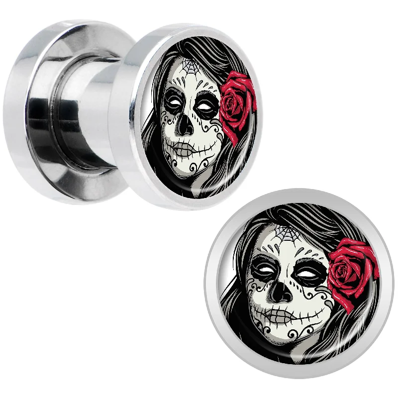 Women's Earrings – Elegant Designs for Every Personality--Katrina Sugar Skull with Rose Flower Steel Screw Fit Plug Set 2 Gauge Women's Earrings – Elegant Designs for Every Personality--Katrina Sugar Skull with Rose Flower Steel Screw Fit Plug Set 2 Gauge