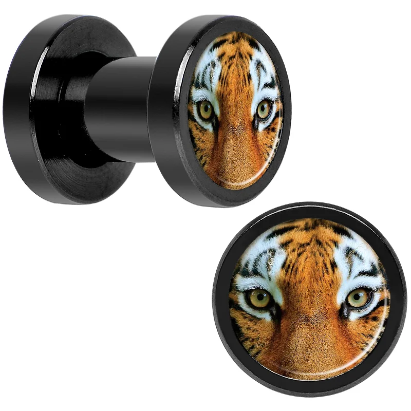 Women's Earrings – Elegant Designs for Every Personality--Full Color Tiger Eyes Black Anodized Screw Fit Plug Set 4 Gauge Women's Earrings – Elegant Designs for Every Personality--Full Color Tiger Eyes Black Anodized Screw Fit Plug Set 4 Gauge