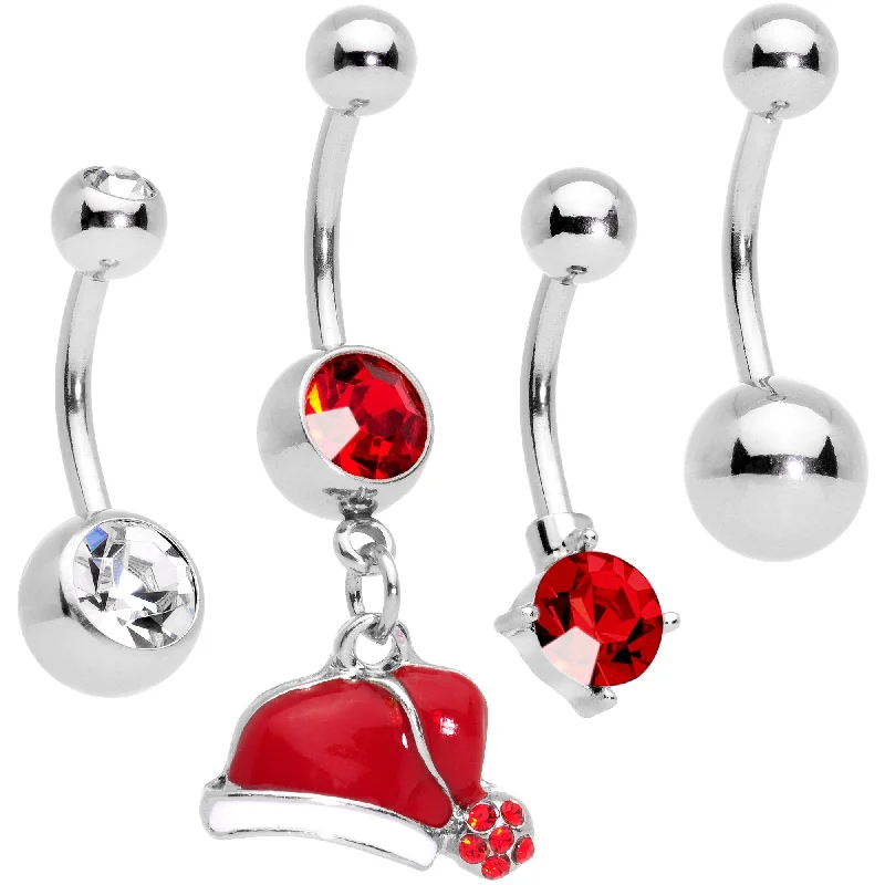 Belly Rings with Beautiful Stones for Stunning Fashion -Clear Red Gem Holiday Santas Cap Christmas Dangle Belly Ring Set of 4 Belly Rings with Beautiful Stones for Stunning Fashion -Clear Red Gem Holiday Santas Cap Christmas Dangle Belly Ring Set of 4