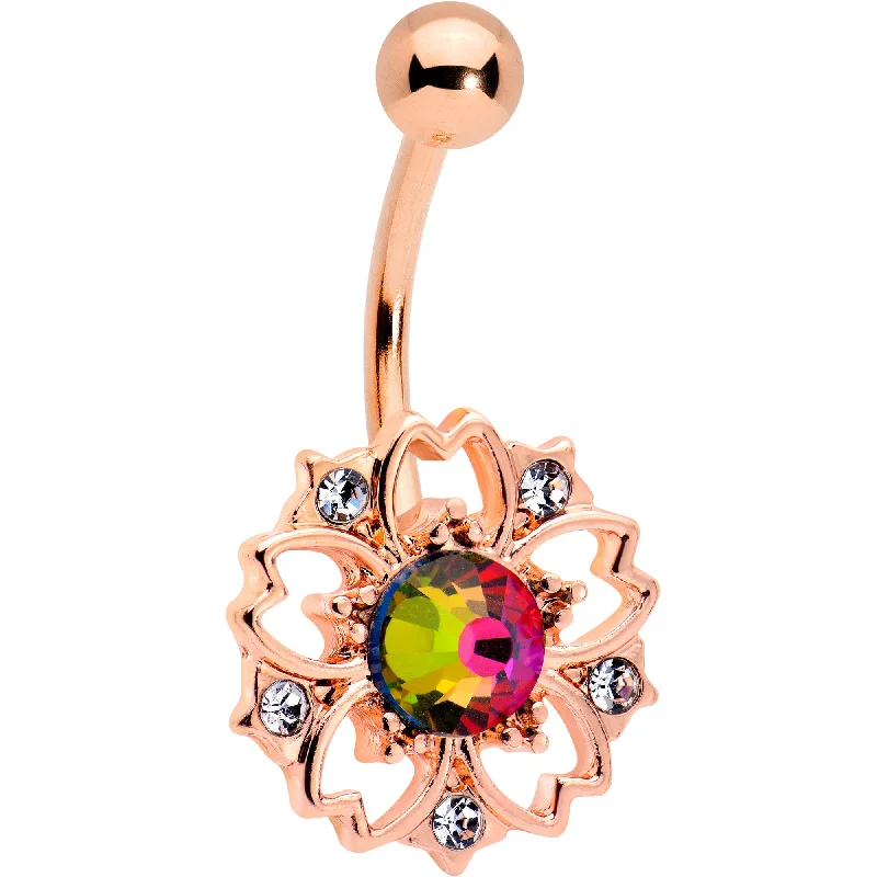Custom Belly Rings for Fashionable Touch -Dark Aurora Gem Rose Gold Tone Filigree Flower Belly Ring Custom Belly Rings for Fashionable Touch -Dark Aurora Gem Rose Gold Tone Filigree Flower Belly Ring