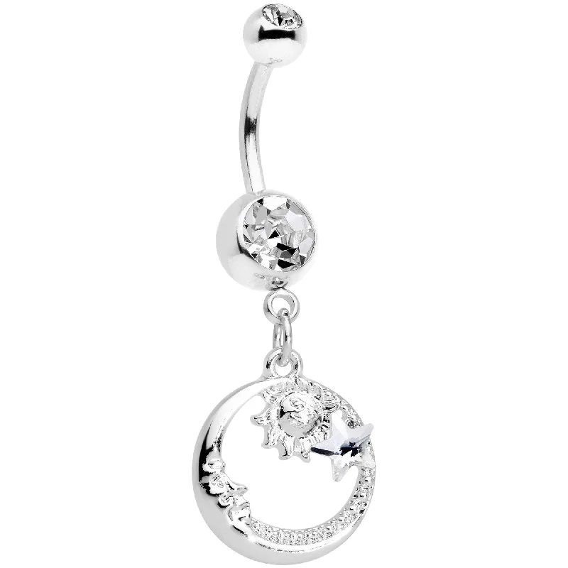 Unique Belly Rings for Creative Fashion -Clear Gem Sun Moon Star Dangle Belly Ring