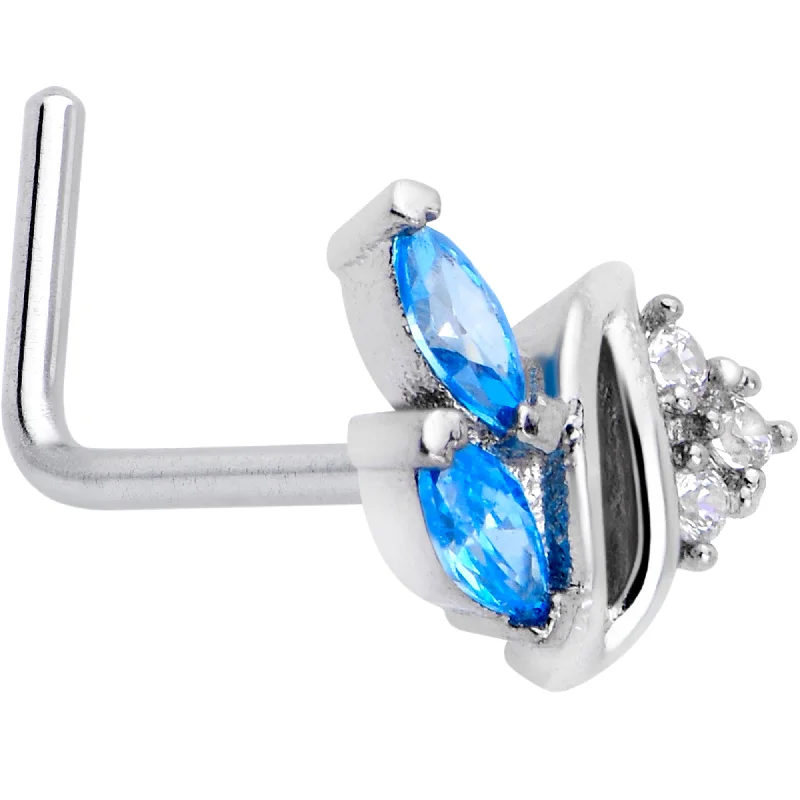 Simple Nose Rings for Effortless Style -20 Gauge 7mm Blue CZ Gem Swirl Fan L Shape Nose Ring Simple Nose Rings for Effortless Style -20 Gauge 7mm Blue CZ Gem Swirl Fan L Shape Nose Ring