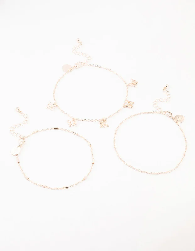 Trendy Anklets with Beautiful Stones-Rose Gold Tab Butterfly Anklets 3-Pack