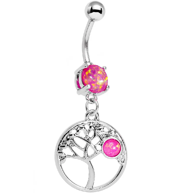 Belly Rings with Custom Features for Personalized Style -Pink Faux Opal Circular Frame Terra Tree of Life Dangle Belly Ring Belly Rings with Custom Features for Personalized Style -Pink Faux Opal Circular Frame Terra Tree of Life Dangle Belly Ring