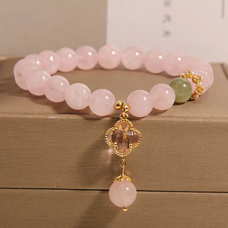 Statement Bangles for Women-Buddha Stones Natural Pink Crystal Four Leaf Clover Soothing Bracelet Statement Bangles for Women-Buddha Stones Natural Pink Crystal Four Leaf Clover Soothing Bracelet