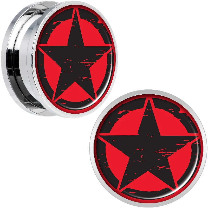 Women's Earrings – Elegant Designs for Every Personality--Black Red Distressed Star Steel Screw Fit Plug Set 20mm Women's Earrings – Elegant Designs for Every Personality--Black Red Distressed Star Steel Screw Fit Plug Set 20mm