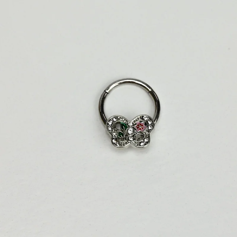 Nose Rings with Different Styles -16 Gauge 3/8 Clear Pink Gem Floral Butterfly Style Hinged Segment Ring Nose Rings with Different Styles -16 Gauge 3/8 Clear Pink Gem Floral Butterfly Style Hinged Segment Ring