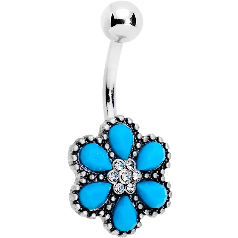 Designer Belly Rings with Unique Features -Clear Gem Southwest Blue Denimette Flower Belly Ring