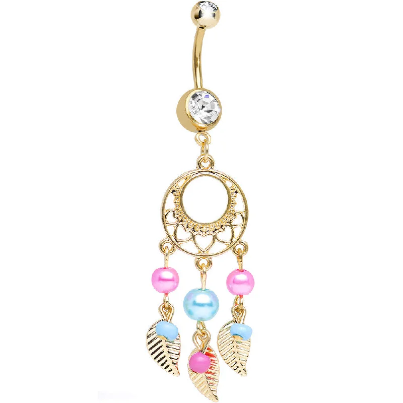Beautiful Belly Rings with Precious Stones -Clear Gem Gold Plated Pearly Feathers Dreamcatcher Dangle Belly Ring Beautiful Belly Rings with Precious Stones -Clear Gem Gold Plated Pearly Feathers Dreamcatcher Dangle Belly Ring