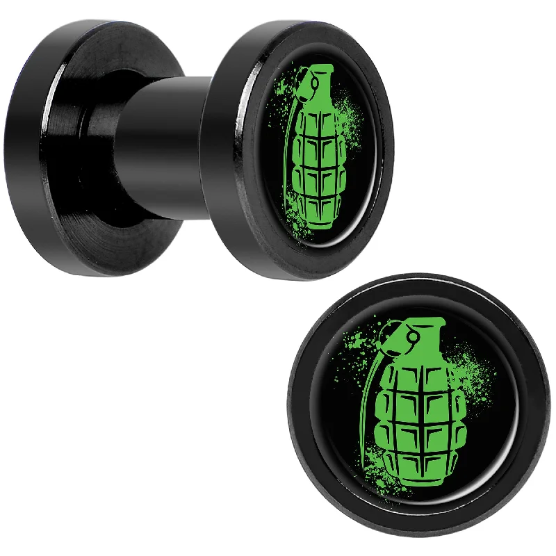 Women's Earrings – Elegant Designs for Every Personality--Green Grenade Black Anodized Screw Fit Plug Set 4 Gauge Women's Earrings – Elegant Designs for Every Personality--Green Grenade Black Anodized Screw Fit Plug Set 4 Gauge