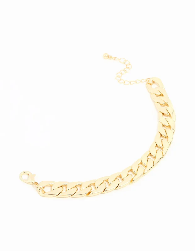 Luxury Silver Bangles for Women-Gold Plated Flat Curb Chain Bracelet
