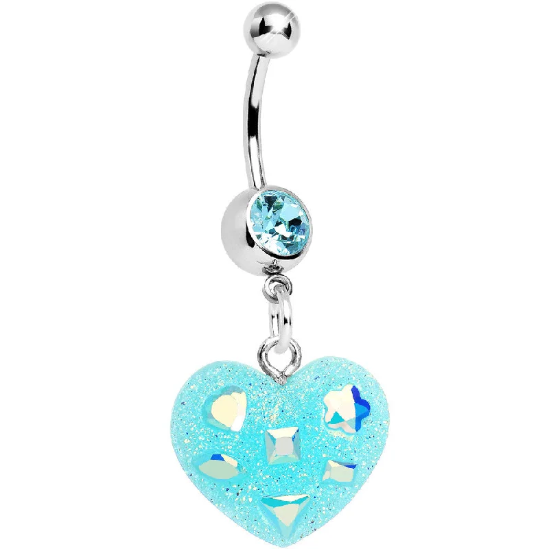 Comfortable Belly Rings for Everyday Wear -Crystalline Gem Aqua Glitter Heart Dangle Belly Ring Comfortable Belly Rings for Everyday Wear -Crystalline Gem Aqua Glitter Heart Dangle Belly Ring