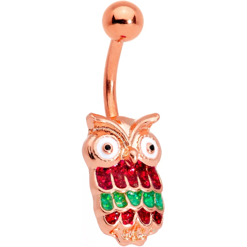 Classic Belly Rings for Elegant Style -Rose Gold Tone Red Green Happy Holiday Christmas Hoot Owl Belly Ring Classic Belly Rings for Elegant Style -Rose Gold Tone Red Green Happy Holiday Christmas Hoot Owl Belly Ring