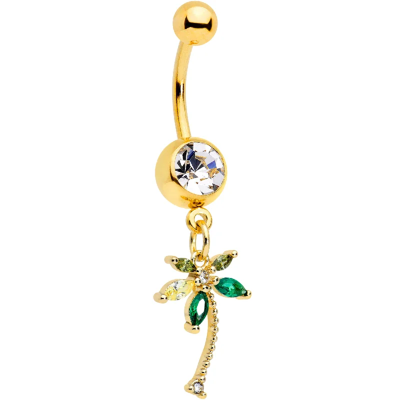 Comfortable Belly Rings for Trendy Fashion -Clear Green Gem Gold Tone Palm Tree Tropical Dangle Belly Ring Comfortable Belly Rings for Trendy Fashion -Clear Green Gem Gold Tone Palm Tree Tropical Dangle Belly Ring