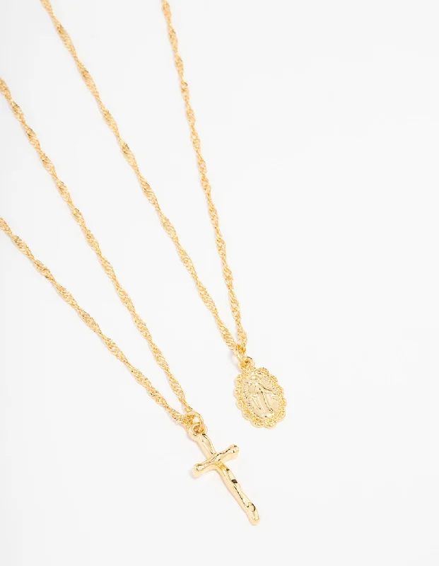 Shop Classic Women's  Necklaces & Pendants with a Modern Twist-Gold Plated Mary Hammered Cross Necklace 2-Pack