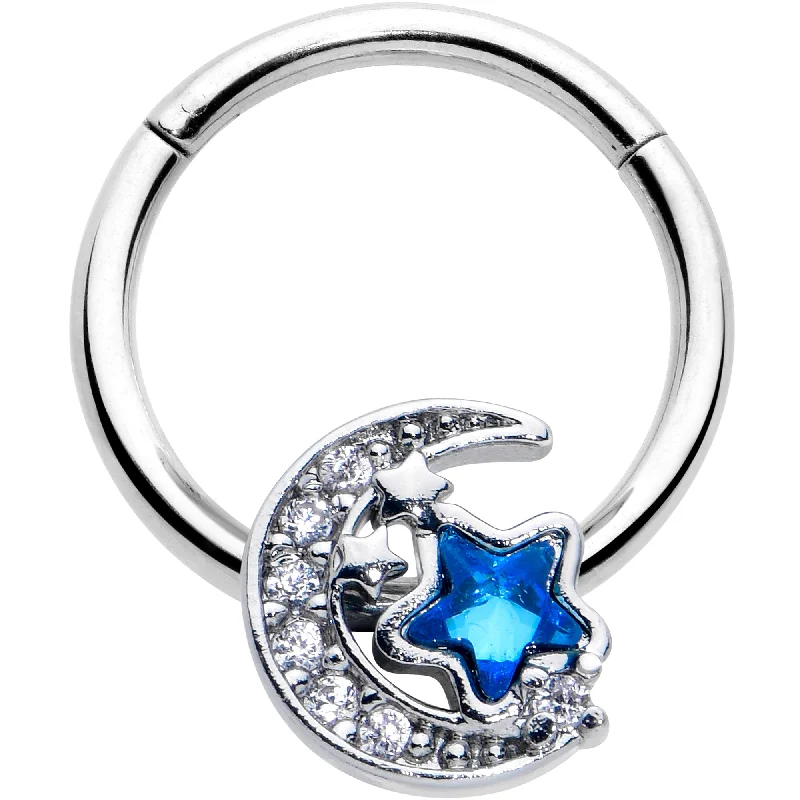 Nose Rings for Urban Look -16 Gauge 3/8 Blue CZ Gem Starry Night Sky Hinged Segment Ring Nose Rings for Urban Look -16 Gauge 3/8 Blue CZ Gem Starry Night Sky Hinged Segment Ring