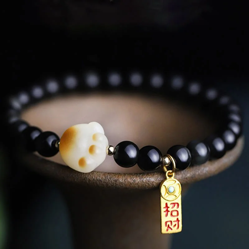 Cool Bracelets with Skull Charms for Men-Buddha Stones Black Obsidian Cat Paw Bodhi Seed Lucky Fortune Charm Purification Bracelet Cool Bracelets with Skull Charms for Men-Buddha Stones Black Obsidian Cat Paw Bodhi Seed Lucky Fortune Charm Purification Bracelet