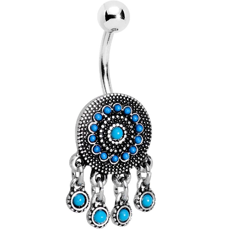 Belly Rings for Women -Southwestern Blue Tribal Drum Dreamcatcher Dangle Belly Ring