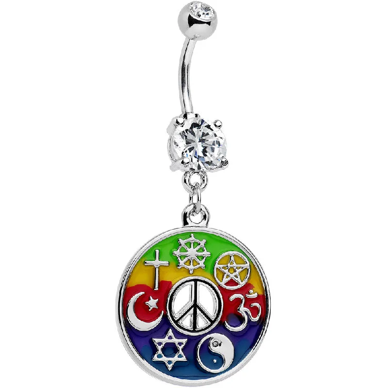 Stylish Belly Rings for Modern Fashion -Clear Gem Peace Sign Universal Symbols of Peace Dangle Belly Ring