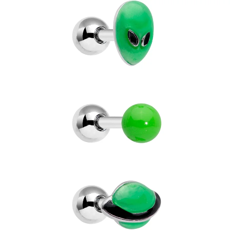 Women's Earrings – Elegant Designs for Every Personality--16 Gauge 1/4 Green Glow UFO Space Alien Cartilage Tragus Set of 3 Women's Earrings – Elegant Designs for Every Personality--16 Gauge 1/4 Green Glow UFO Space Alien Cartilage Tragus Set of 3
