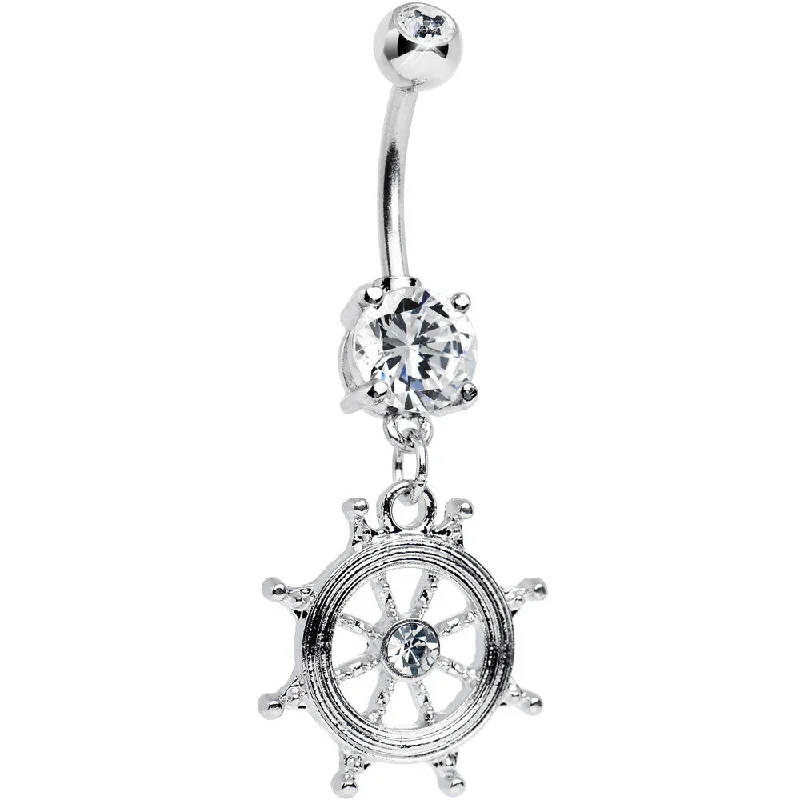 Custom Belly Rings for Personal Flair -Clear CZ Shimmering Sailor Captain Wheel Dangle Belly Ring