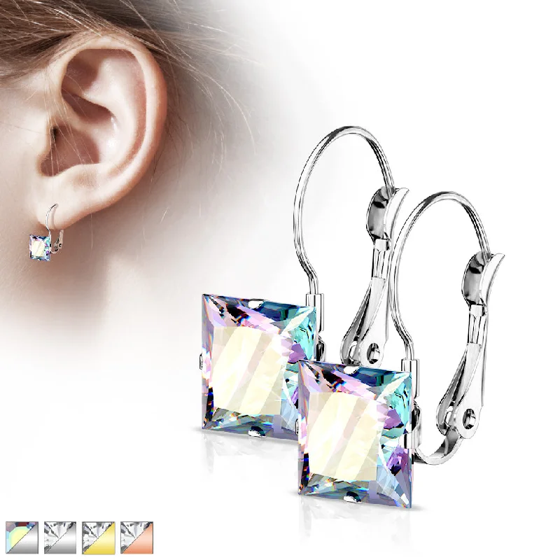 Women's Earrings – Elegant Designs for Every Personality--8mm Princess CZ Stainless Steel Leverback Earrings