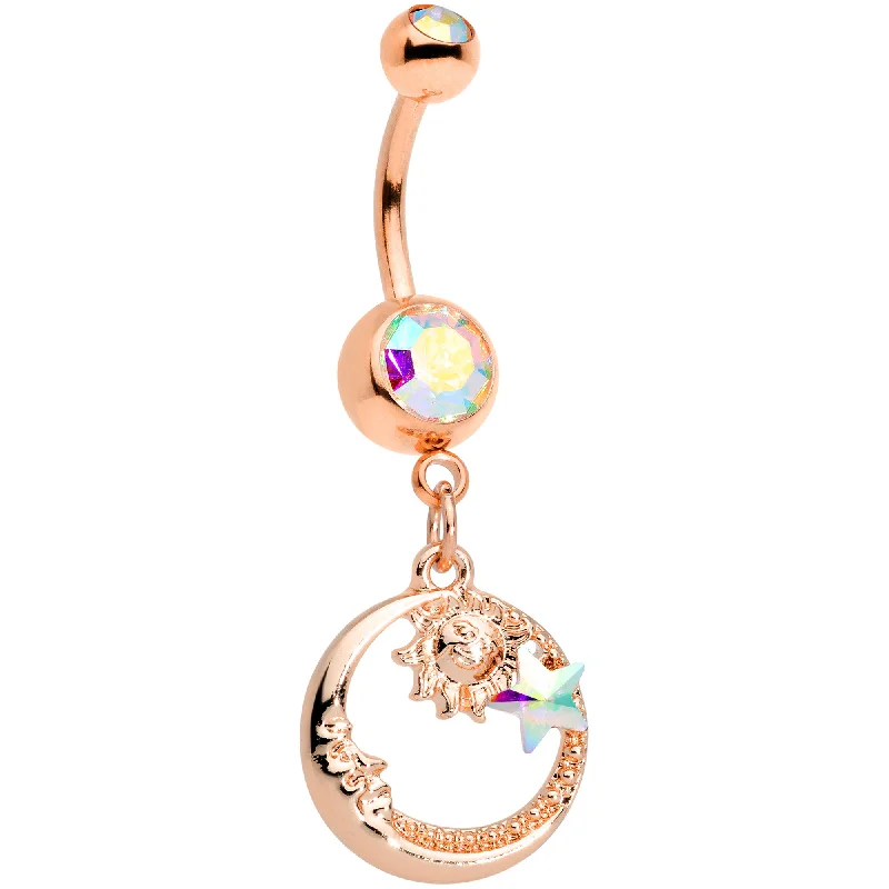 Belly Rings with Colorful Accents for Bold Style -Aurora Gem Rose Gold Tone Sun Moon Star Dangle Belly Ring Belly Rings with Colorful Accents for Bold Style -Aurora Gem Rose Gold Tone Sun Moon Star Dangle Belly Ring