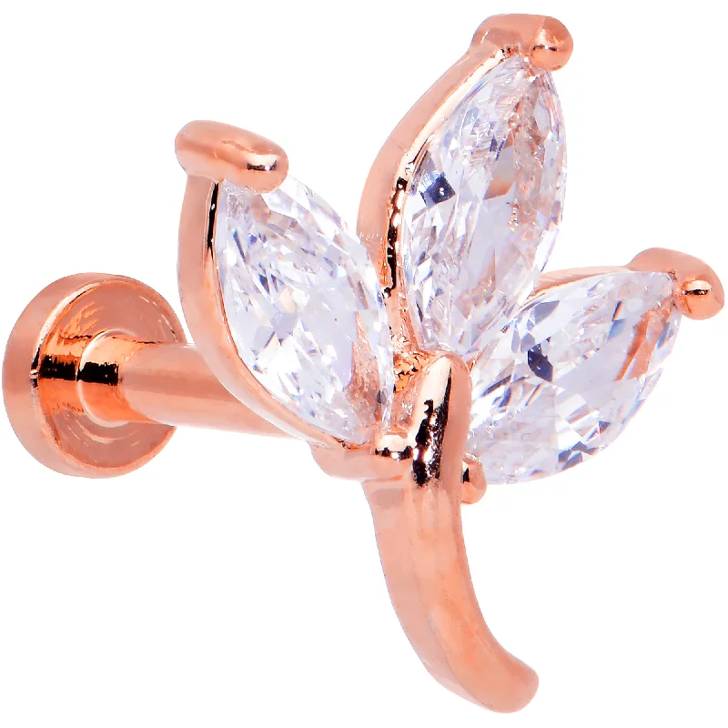 Bold and Beautiful Lip Rings for Trendsetters16 Gauge 1/4 Clear CZ Gem Rose Gold Tone Leaves Internal Thread Labret