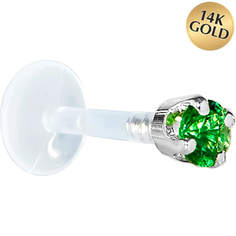 Women's Earrings – Elegant Designs for Every Personality--16 Gauge 5/16 Solid 14KT White Gold 3mm Green Cubic Zirconia Bioplast Tragus Earring Stud