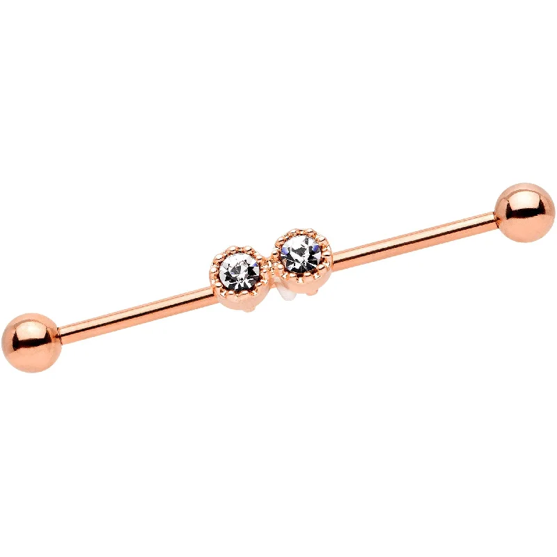 Women's Earrings – Elegant Designs for Every Personality--14 Gauge Clear Gem Rose Gold Tone Double Drama Industrial Barbell 38mm