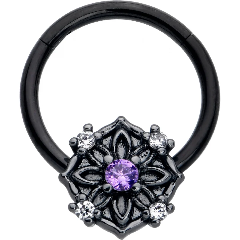 Women's Earrings – Elegant Designs for Every Personality--16 Gauge 3/8 Purple CZ Gem Black Flower Ring Hinged Segment Ring