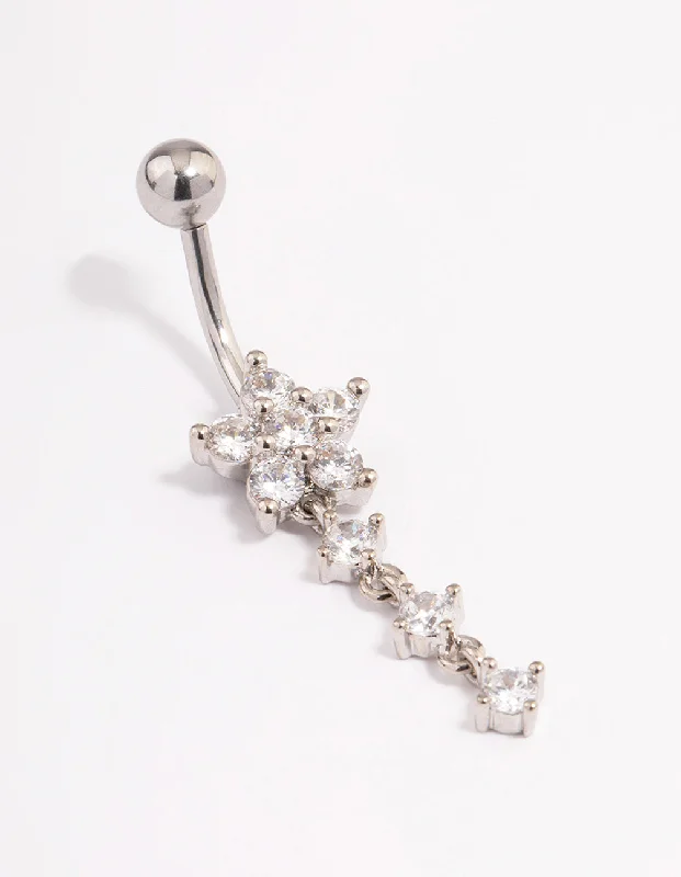 Trendy Belly Rings with Stylish Accents -Surgical Steel Cubic Zirconia Flower Triple Belly Ring
