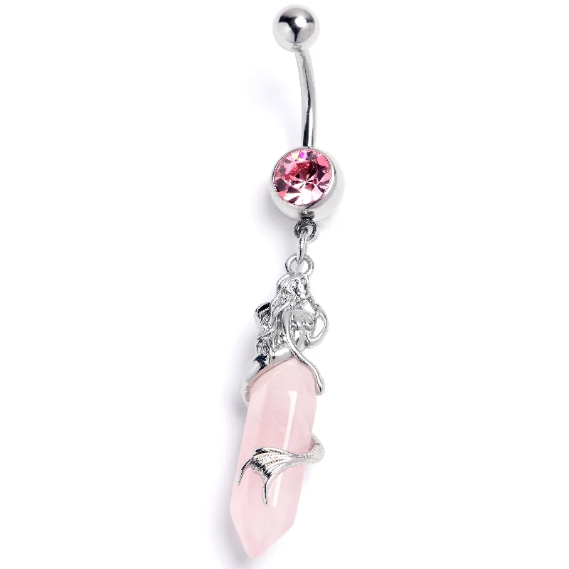 Cute Belly Rings for Summer Style -Pink Gem Mermaid Rider Dangle Belly Ring