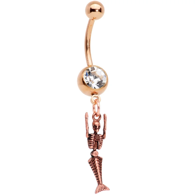 Belly Rings with Vibrant Gems for Bold Style -Clear Gem Rose Gold Tone Mermaid Skeleton Halloween Dangle Belly Ring Belly Rings with Vibrant Gems for Bold Style -Clear Gem Rose Gold Tone Mermaid Skeleton Halloween Dangle Belly Ring
