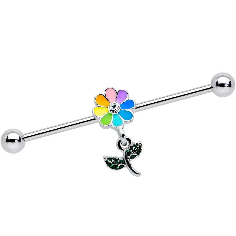 Women's Earrings – Elegant Designs for Every Personality--14 Gauge Clear Gem Pride Rainbow Flower Dangle Industrial Barbell 38mm