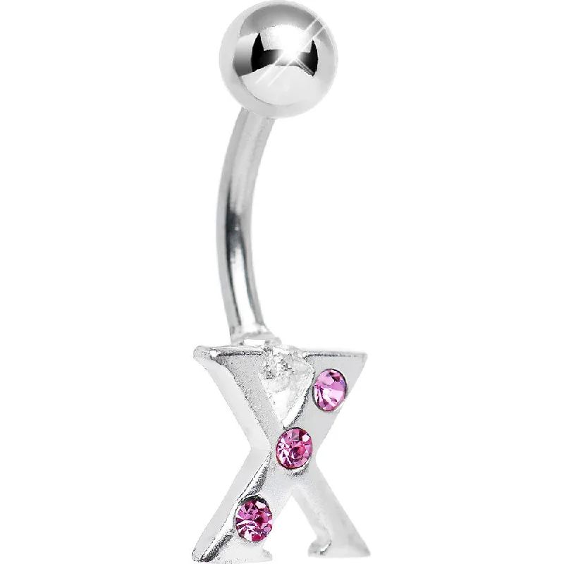 Belly Rings with Bold and Unique Stones -Pink Gem Studded Letter X Belly Ring