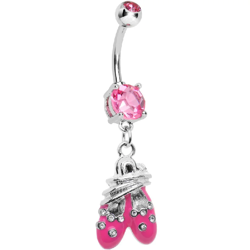 Designer Belly Rings for Trendy Women -Pink Gem Entangled Ballet Shoes Dangle Belly Ring Designer Belly Rings for Trendy Women -Pink Gem Entangled Ballet Shoes Dangle Belly Ring