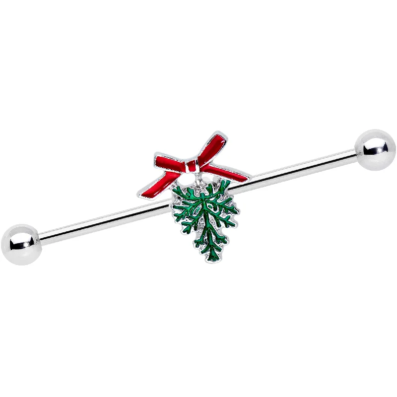 Women's Earrings – Elegant Designs for Every Personality--14 Gauge Pine Bough Red Bow Christmas Industrial Barbell 38mm