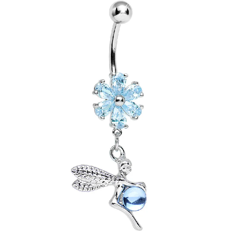 Belly Rings with Gemstone Detailing for Bold Style -Aqua CZ Flower Topped Orb and Fairy Dangle Belly Ring Belly Rings with Gemstone Detailing for Bold Style -Aqua CZ Flower Topped Orb and Fairy Dangle Belly Ring