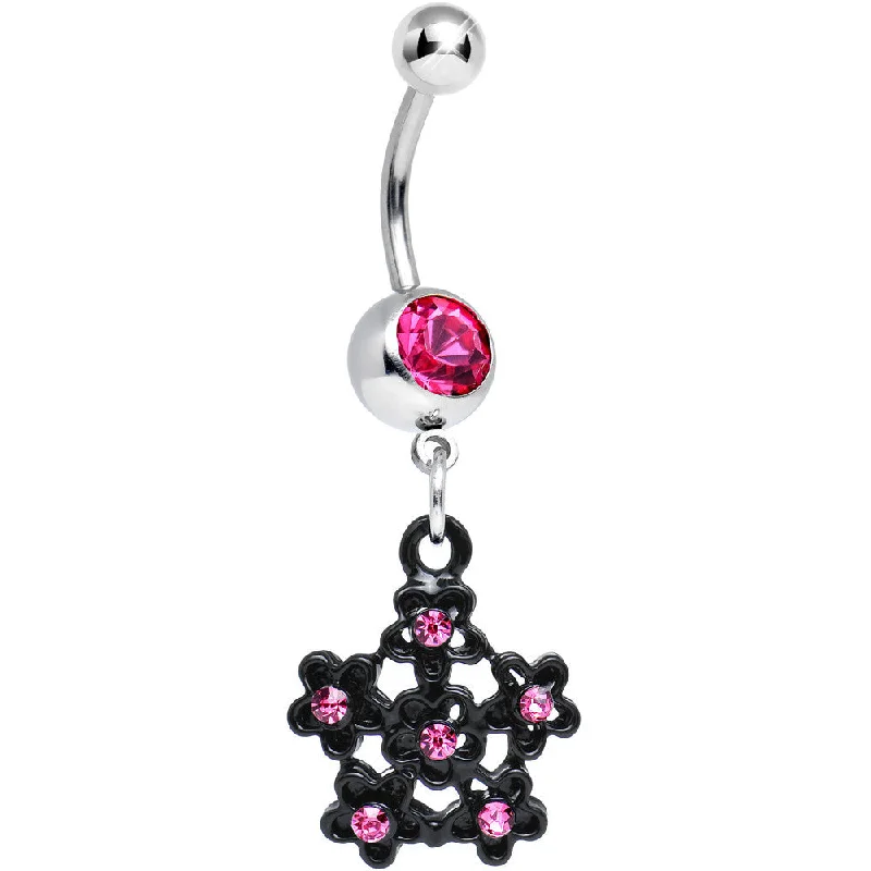 Comfortable Belly Rings for Active Fashion -Pink Gem Flowering Dark Winter Snowflake Dangle Belly Ring Comfortable Belly Rings for Active Fashion -Pink Gem Flowering Dark Winter Snowflake Dangle Belly Ring