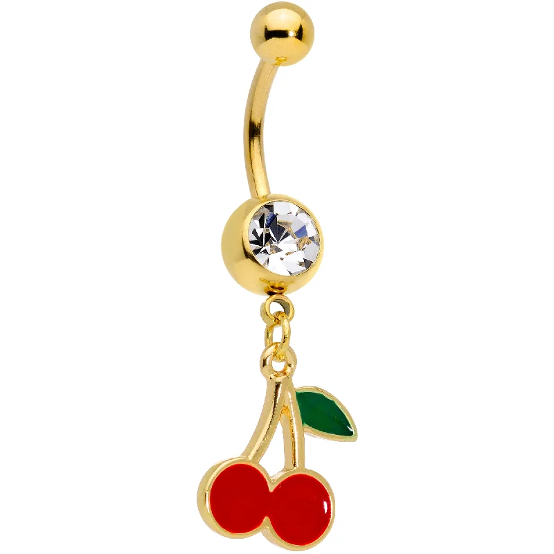 Unique Belly Rings with Artistic Design -Clear Gem Gold Tone Charming Cherries Dangle Belly Ring Unique Belly Rings with Artistic Design -Clear Gem Gold Tone Charming Cherries Dangle Belly Ring