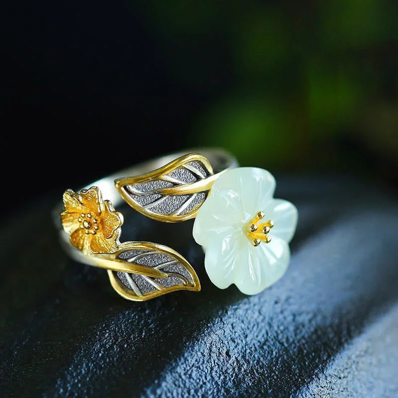 Chic Women's Rings for Fashion-Forward Looks-Buddha Stones 925 Silver Plated Copper White Jade Plum Flower Leaf Luck Ring Chic Women's Rings for Fashion-Forward Looks-Buddha Stones 925 Silver Plated Copper White Jade Plum Flower Leaf Luck Ring